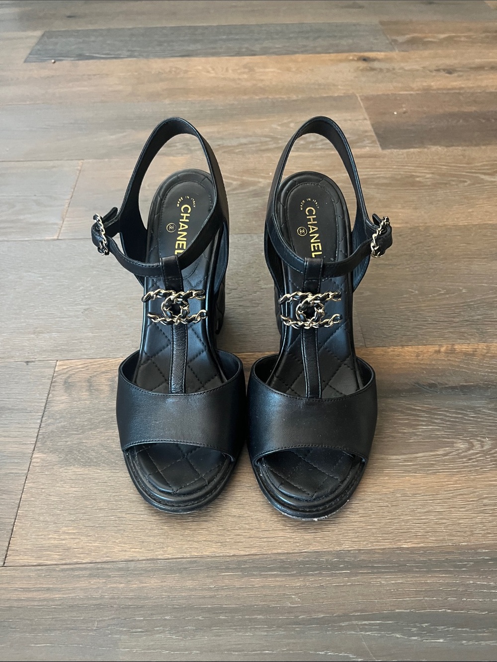 CHANEL Black Leather Chain-Detail Slingback Heels